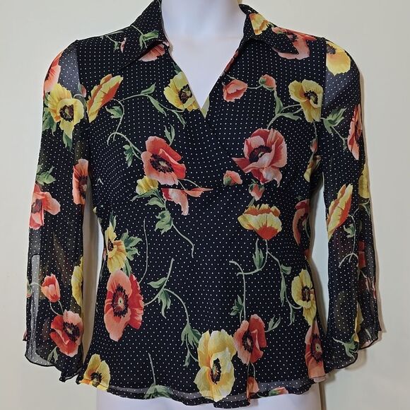 Vintage Y2K Silk Babydoll Top Floral Polka Dot Rockabilly Retro Fairy Pin-up - Picture 1 of 16